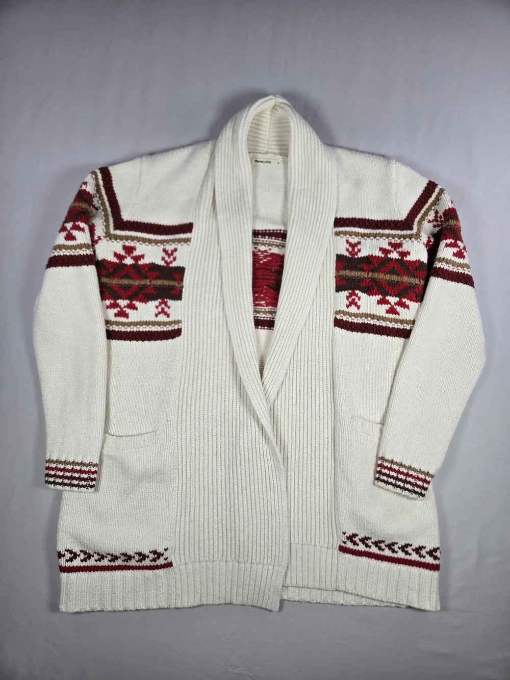 Marine Layer Brooklyn Shawl Collar Cardigan Sweater Cream Red Nortic Fwir Isle S